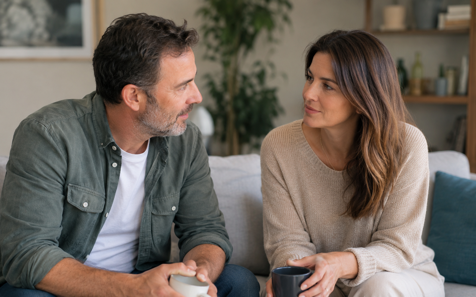 Pareja adulta conversando en un ambiente cotidiano